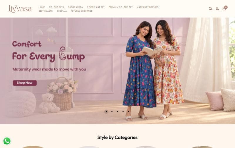 Livvasa homepage with a maternity wear hero banner