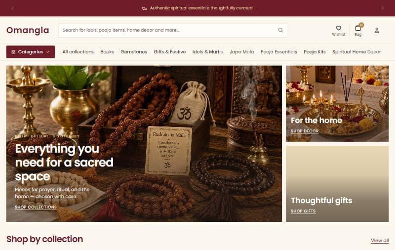 Omangla homepage with a hero of brass diyas and rudraksha malas