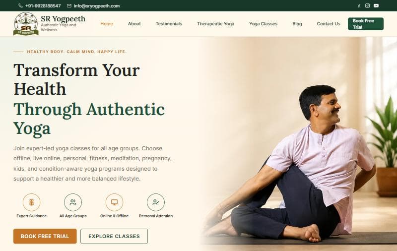 SR Yogpeeth homepage with a yoga instructor and a class overview